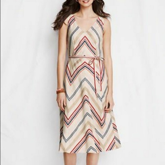 Lands' End Dresses & Skirts - Lands' End Dress Linen Red Blue Beige Stripes
